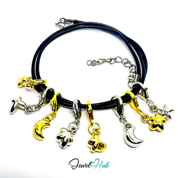 Black leather bracelet with various charms on a white background, branded 'Jewel Hub'.