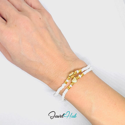 NameBead™ Base Bracelet Set (x2) – White Beaded Stack with Gold Heart