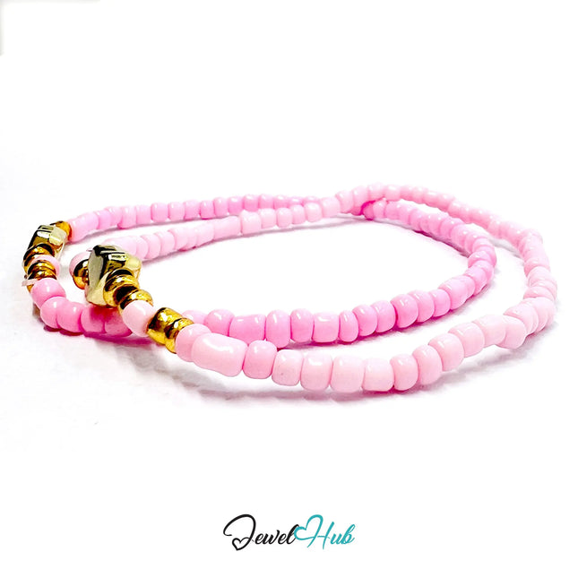 NameBead™ Base Bracelet Set (x2) – Pink Beaded Stack with Gold Heart
