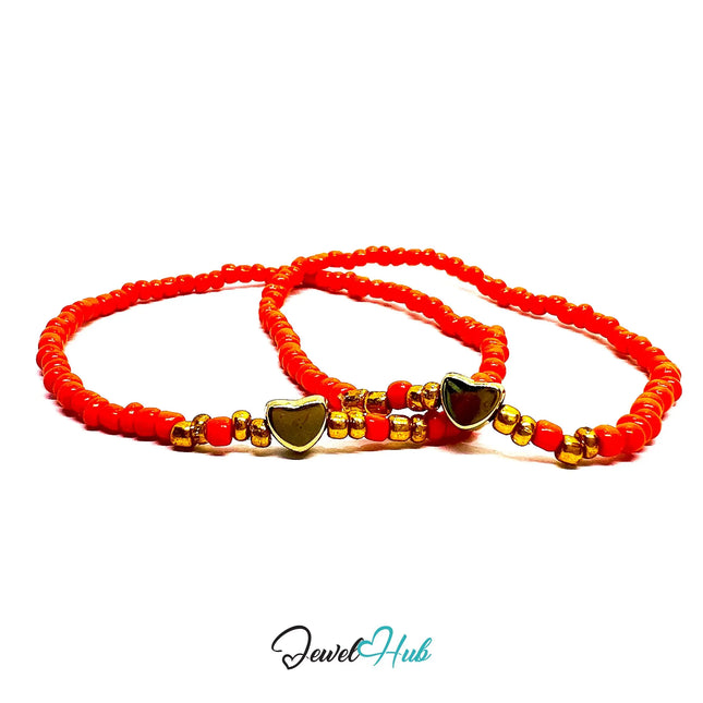 NameBead™ Base Bracelet Set (x2) – Orange Beaded Stack with Gold Heart