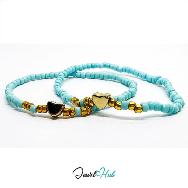 NameBead™ Base Bracelet Set (x2) – Cyan Beaded Stack with Gold Heart