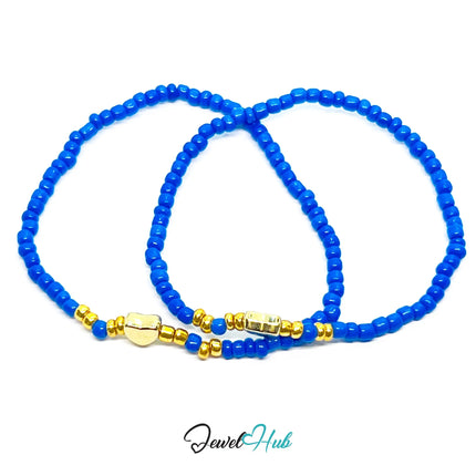 NameBead™ Base Bracelet Set (x2) – Deep Blue Beaded Stack with Gold Heart