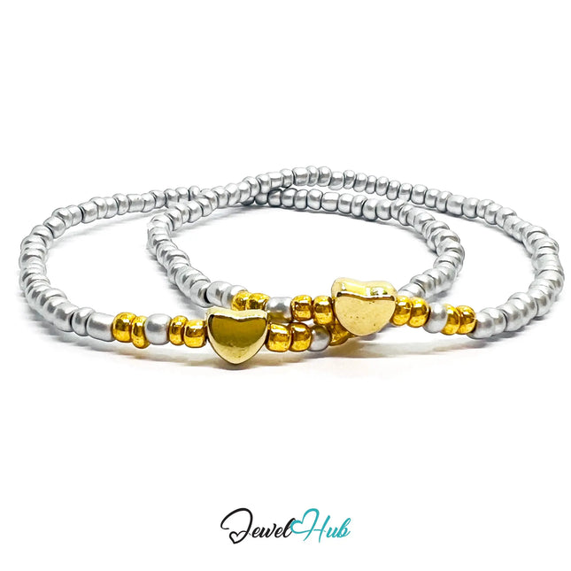 NameBead™ Base Bracelet Set (x2) – Silvery Beaded Stack with Gold Heart