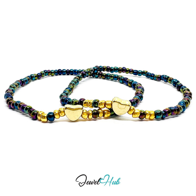 NameBead™ Base Bracelet Set (x2) – Iridescent AB Color Beaded Stack with Gold Heart