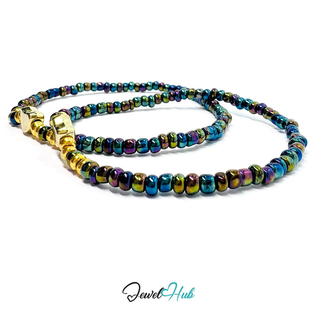 NameBead™ Base Bracelet Set (x2) – Iridescent AB Color Beaded Stack with Gold Heart