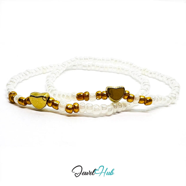 NameBead™ Base Bracelet Set (x2) – Translucent Pearl-white Color Beaded Stack with Gold Heart