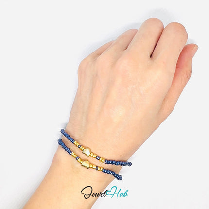 NameBead™ Base Bracelet Set (x2) – Metallic Navy Color Beaded Stack with Gold Heart