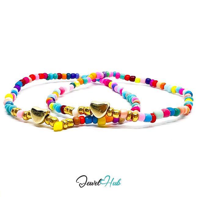 NameBead™ Base Bracelet Set (x2) – Mixed Color Beaded Stack with Gold Heart