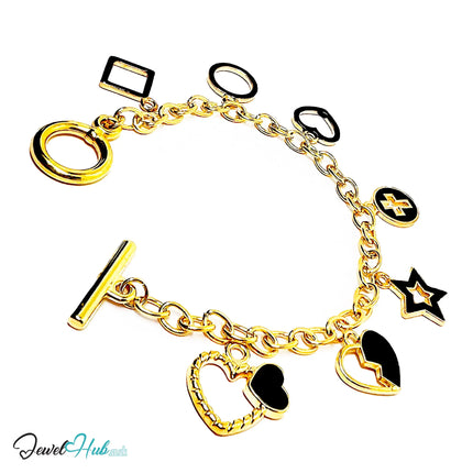 Love to the Moon Charm Bracelet · Gold-Tone Plated · Glossy Black Motifs · 19cm CT