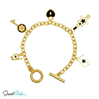 Fortune Teller Charm Bracelet · Gold-Tone Plated · Spade, Star & Key Motifs · Symbolic Shapes · 19cm