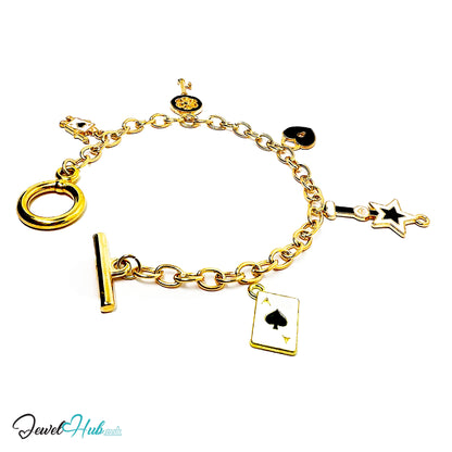 Fortune Teller Charm Bracelet · Gold-Tone Plated · Spade, Star & Key Motifs · Symbolic Shapes · 19cm