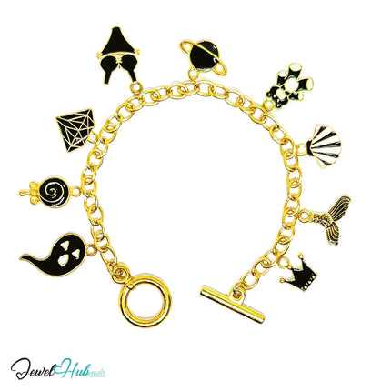 Weekend Whimsy Charm Bracelet · Gold-Tone Plated · Glossy Black Motifs · 19cm CT