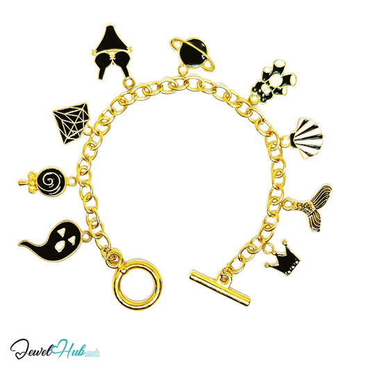 Weekend Whimsy Charm Bracelet · Gold-Tone Plated · Glossy Black Motifs · 19cm CT