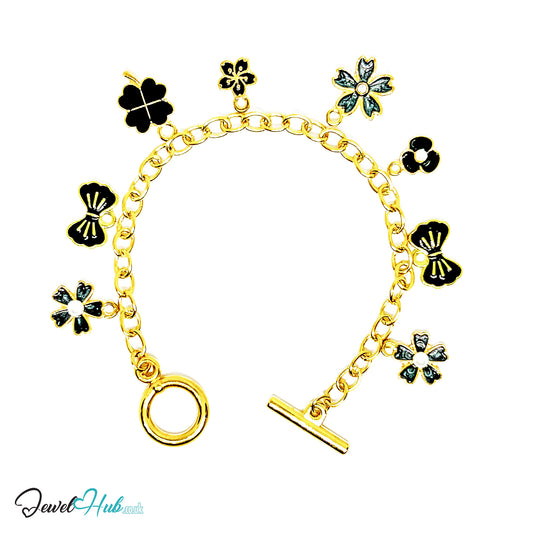 Bloom & Grace Charm Bracelet · Gold-Tone Plated · Glossy Black Floral Motifs · 19cm - JewelHub