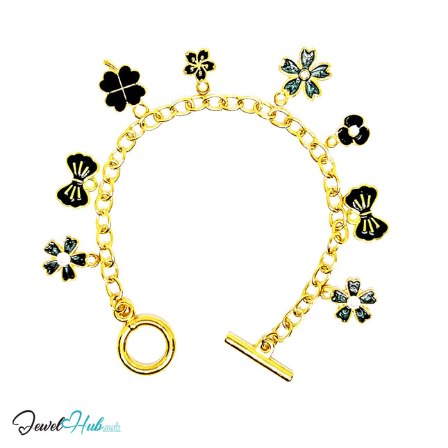 Bloom & Grace Charm Bracelet · Gold-Tone Plated · Glossy Black Floral Motifs · 19cm - JewelHub