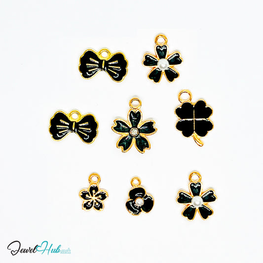 Bloom & Grace Charm Bracelet · Gold-Tone Plated · Glossy Black Floral Motifs · 19cm - JewelHub