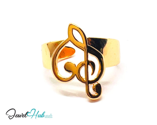 🔱 Gold Treble Clef Ring – Premium Copper · Gold K Plated · Adjustable (M/N/O/P) · Sculptural Music Motif CT