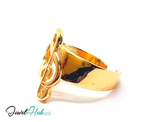 🔱 Gold Treble Clef Ring – Premium Copper · Gold K Plated · Adjustable (M/N/O/P) · Sculptural Music Motif CT