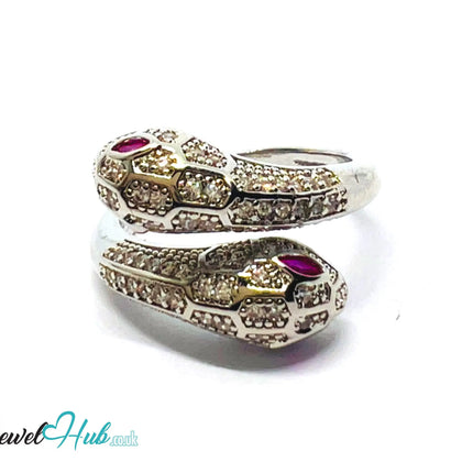 🔱 White Snake Pavé Ring – Premium Copper · White K Plated · Adjustable (M/N/O/P) · Ruby Eyes + Zirconia Pavé CT