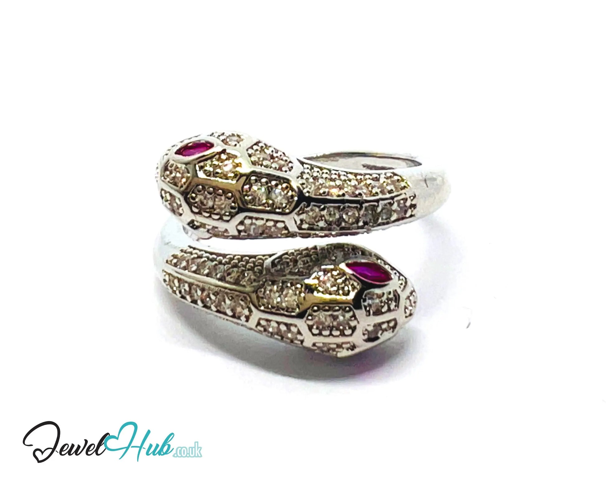 🔱 White Snake Pavé Ring – Premium Copper · White K Plated · Adjustable (M/N/O/P) · Ruby Eyes + Zirconia Pavé CT