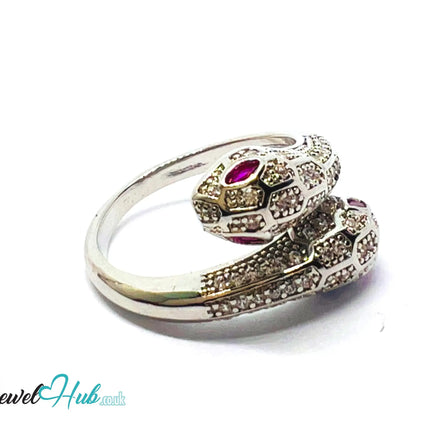 🔱 White Snake Pavé Ring – Premium Copper · White K Plated · Adjustable (M/N/O/P) · Ruby Eyes + Zirconia Pavé CT