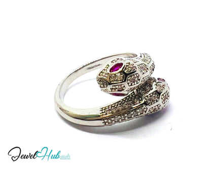 🔱 White Snake Pavé Ring – Premium Copper · White K Plated · Adjustable (M/N/O/P) · Ruby Eyes + Zirconia Pavé CT