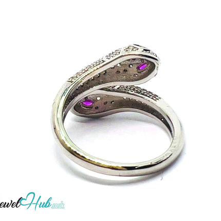 🔱 White Snake Pavé Ring – Premium Copper · White K Plated · Adjustable (M/N/O/P) · Ruby Eyes + Zirconia Pavé CT