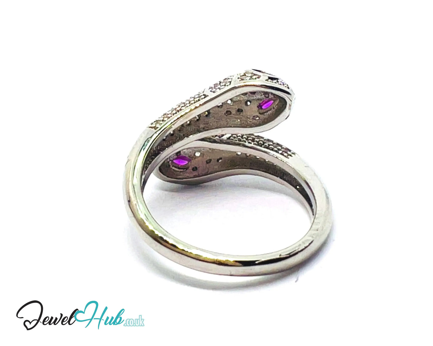 🔱 White Snake Pavé Ring – Premium Copper · White K Plated · Adjustable (M/N/O/P) · Ruby Eyes + Zirconia Pavé CT