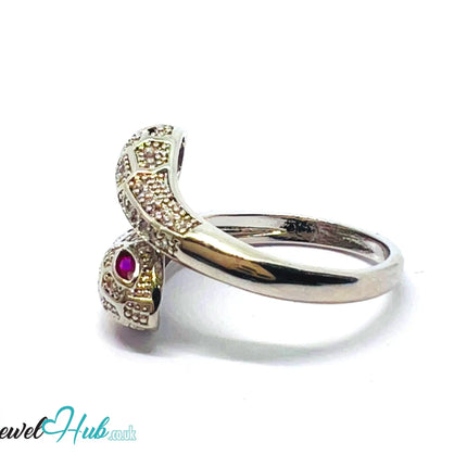 🔱 White Snake Pavé Ring – Premium Copper · White K Plated · Adjustable (M/N/O/P) · Ruby Eyes + Zirconia Pavé CT