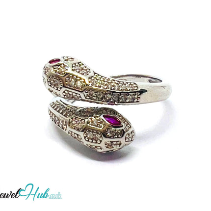 🔱 White Snake Pavé Ring – Premium Copper · White K Plated · Adjustable (M/N/O/P) · Ruby Eyes + Zirconia Pavé CT