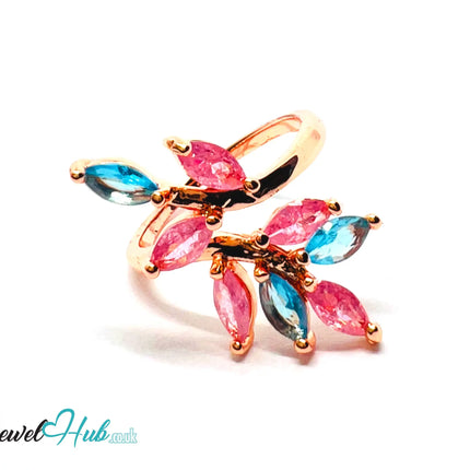 🔱 Blossom Harmony Ring – Premium Copper · Rose Gold K Plated · Adjustable (M/N/O/P) · Pink & Blue Synthetic Gems CT