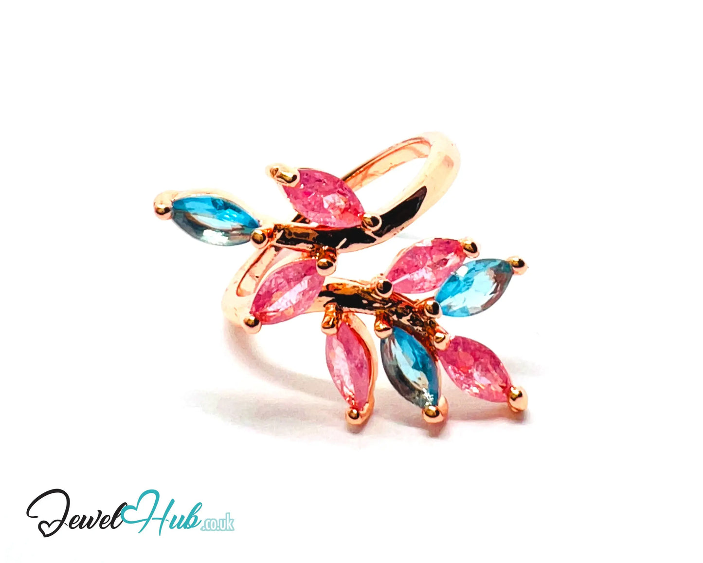 🔱 Blossom Harmony Ring – Premium Copper · Rose Gold K Plated · Adjustable (M/N/O/P) · Pink & Blue Synthetic Gems CT