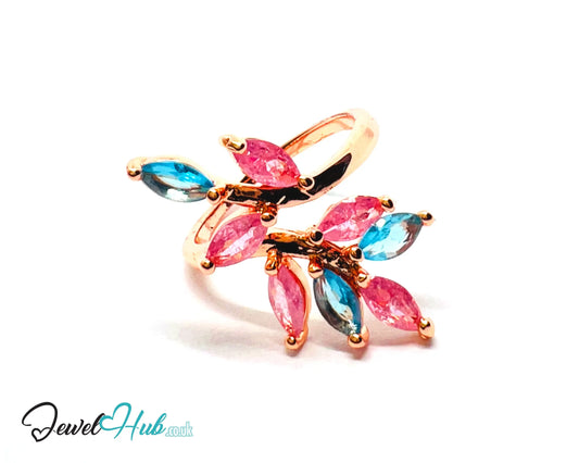 🔱 Blossom Harmony Ring – Premium Copper · Rose Gold K Plated · Adjustable (M/N/O/P) · Pink & Blue Synthetic Gems CT