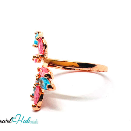 🔱 Blossom Harmony Ring – Premium Copper · Rose Gold K Plated · Adjustable (M/N/O/P) · Pink & Blue Synthetic Gems CT