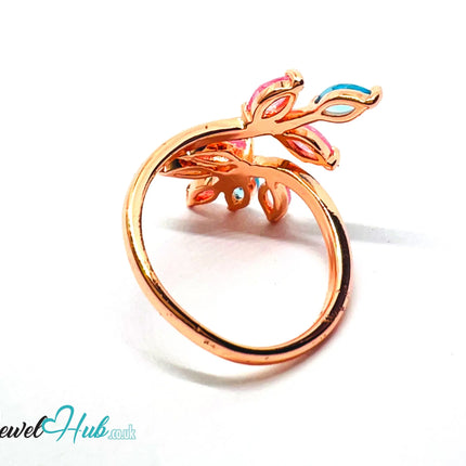 🔱 Blossom Harmony Ring – Premium Copper · Rose Gold K Plated · Adjustable (M/N/O/P) · Pink & Blue Synthetic Gems CT