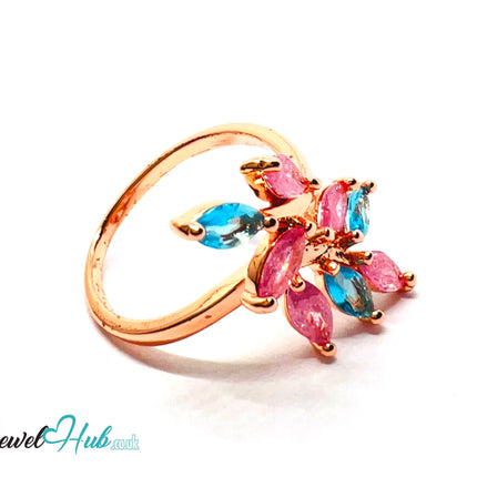 🔱 Blossom Harmony Ring – Premium Copper · Rose Gold K Plated · Adjustable (M/N/O/P) · Pink & Blue Synthetic Gems CT