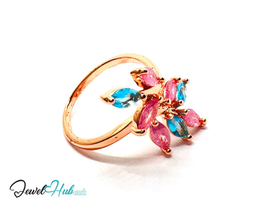 🔱 Blossom Harmony Ring – Premium Copper · Rose Gold K Plated · Adjustable (M/N/O/P) · Pink & Blue Synthetic Gems CT