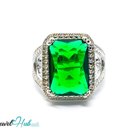 🔱 Emerald Radiance Ring – Premium Copper · White K Plated · UK M · US 6.5 · UK O · US 7.5 · Rectangle-Cut Stone · Sculptural Pavé-Inspired CT