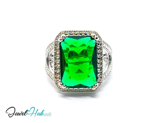 🔱 Emerald Radiance Ring – Premium Copper · White K Plated · UK M · US 6.5 · UK O · US 7.5 · Rectangle-Cut Stone · Sculptural Pavé-Inspired CT
