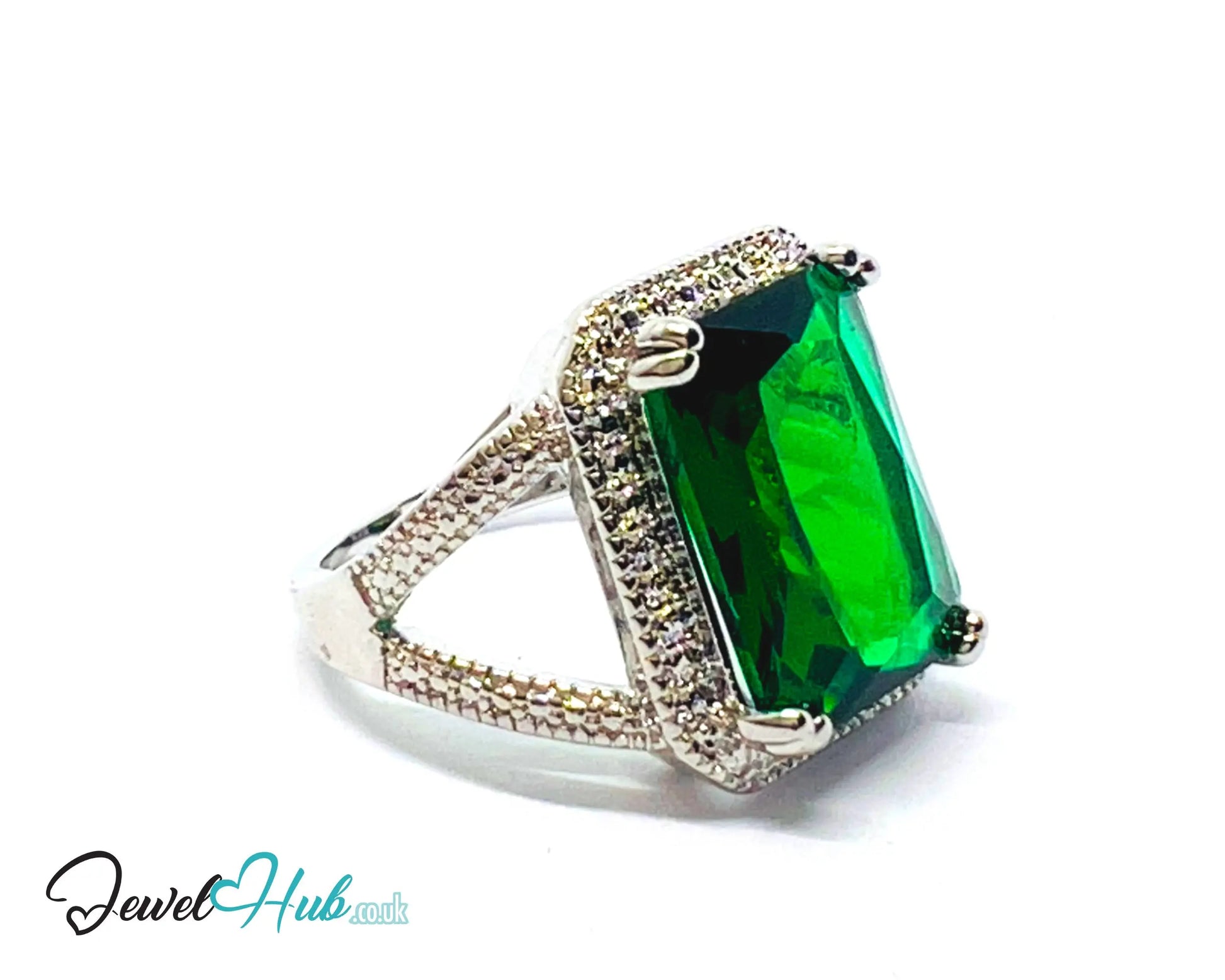 🔱 Emerald Radiance Ring – Premium Copper · White K Plated · UK M · US 6.5 · UK O · US 7.5 · Rectangle-Cut Stone · Sculptural Pavé-Inspired CT
