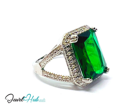 🔱 Emerald Radiance Ring – Premium Copper · White K Plated · UK M · US 6.5 · UK O · US 7.5 · Rectangle-Cut Stone · Sculptural Pavé-Inspired CT