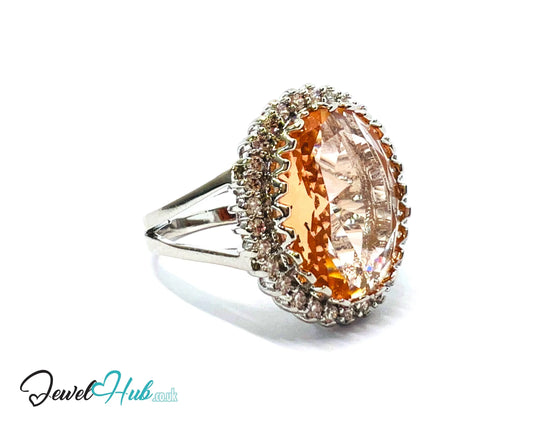 🔱 Radiant Regal Ring – Premium Copper · White K Plated · UK P · US 8 · UK S · UK 9.5 · Over-Cut Center Stone · Halo Zirconia Detail CT