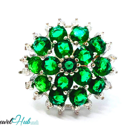 🔱 Verdant Bloom Ring – Premium Copper · White K Plated · UK M · US 6.5 · Emerald Cluster & Zirconia Halo CT