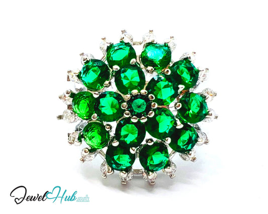 🔱 Verdant Bloom Ring – Premium Copper · White K Plated · UK M · US 6.5 · Emerald Cluster & Zirconia Halo CT