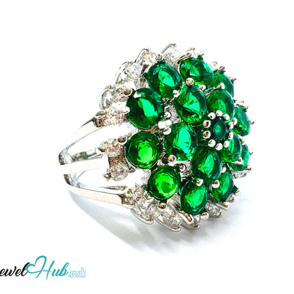 🔱 Verdant Bloom Ring – Premium Copper · White K Plated · UK M · US 6.5 · Emerald Cluster & Zirconia Halo CT