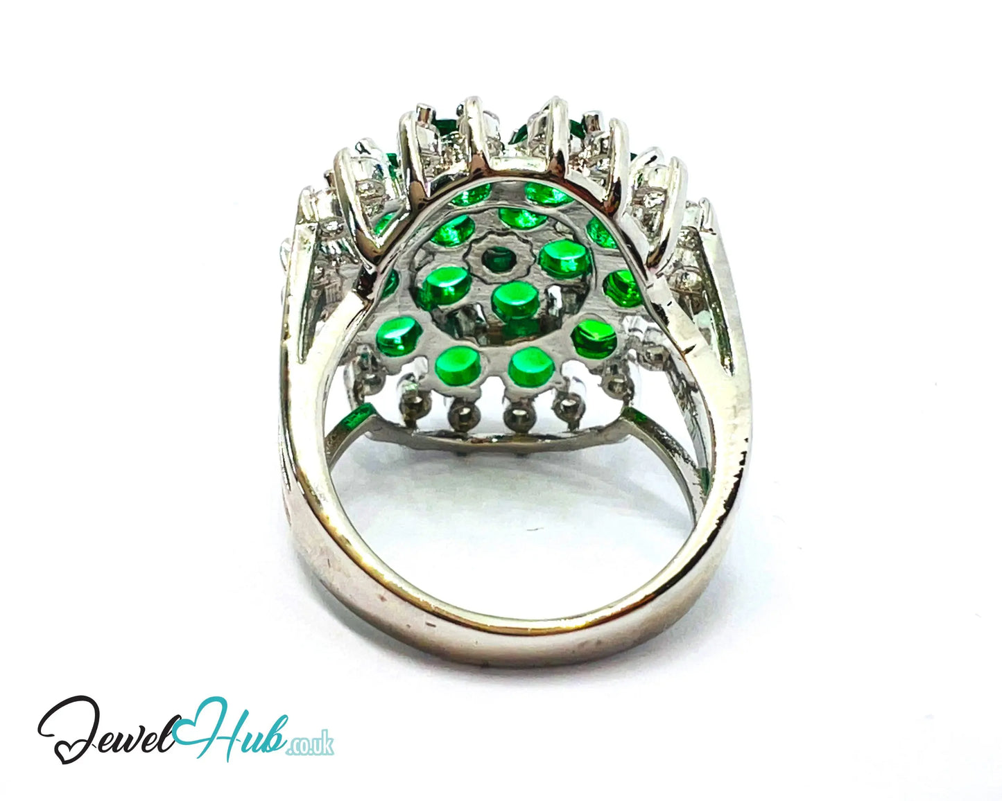 🔱 Verdant Bloom Ring – Premium Copper · White K Plated · UK M · US 6.5 · Emerald Cluster & Zirconia Halo CT
