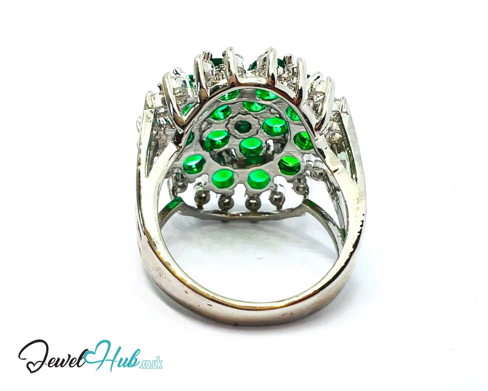 🔱 Verdant Bloom Ring – Premium Copper · White K Plated · UK M · US 6.5 · Emerald Cluster & Zirconia Halo CT