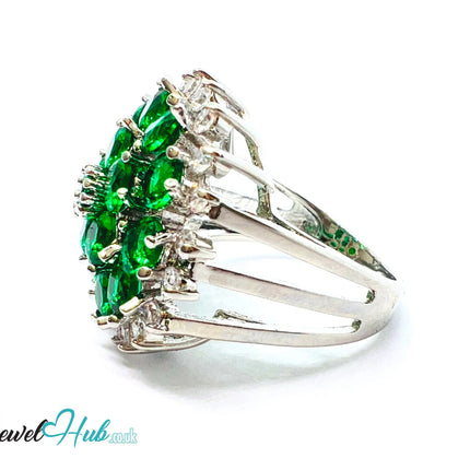 🔱 Verdant Bloom Ring – Premium Copper · White K Plated · UK M · US 6.5 · Emerald Cluster & Zirconia Halo CT