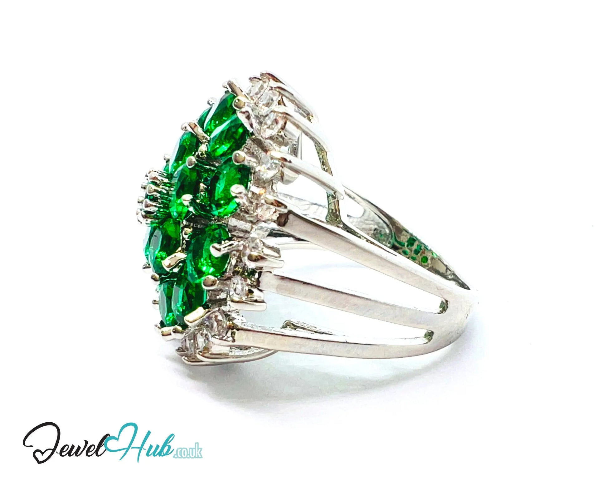 🔱 Verdant Bloom Ring – Premium Copper · White K Plated · UK M · US 6.5 · Emerald Cluster & Zirconia Halo CT
