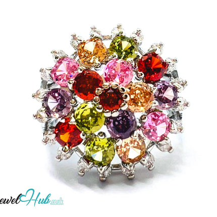 🔱 🌈 Rainbow Bloom Ring – Premium Copper · White K Plated · UK S · US 9.5 · Ruby-Like Center · Gemstone Spectrum Halo CT